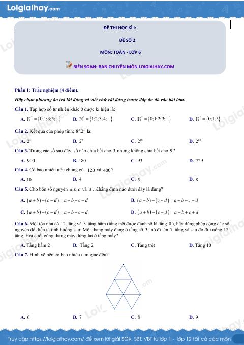 Đề thi học kì 1 Toán 6 - Đề số 2